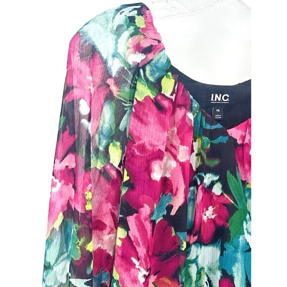 INC Womens PXL Floral Chiffon Blouse Pink Teal Sheer Long Sleeve Lined Hi-Low - Picture 4 of 13